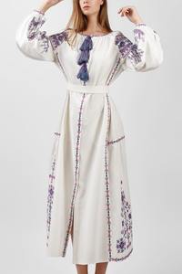 Robe longue ukrainienne haute couture à manches longues, brodée, blanche, mi-longue, vente en gros - Product Image 2