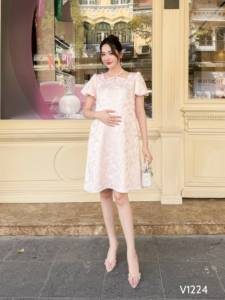 Vestido de maternidad informal de verano V1224, bordado de lazo de gasa de algodón suave, Jersey estampado de manga corta absorbente de sudor, teñido liso - Product Image 6