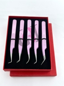 Pinzas Profesionales de Acero Inoxidable para Extensión de Pestañas, Diferentes Estilos, Recubrimiento en Polvo Color Morado Claro, Diseño de Mariposa, Punta Plateada - Product Image 4