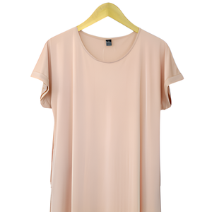 Haute qualité Durable confortable Polyester femmes Midi longueur robe décontracté manches courtes tombé doux sensation de main conception solide - Product Image 4