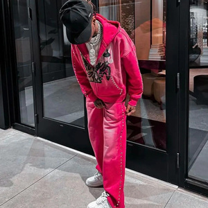 Pantalon de survêtement en éponge française lavé à l'acide de haute qualité pour hommes, jambe droite, poids lourd avec logo en strass, tissu en toile - Product Image 3