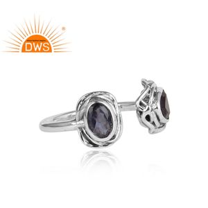 Nouvelle bague ajustable élégante en argent sterling oxydé avec pierres précieuses naturelles Iolite et Améthyste – Fabricant de bijoux sur mesure - Product Image 2