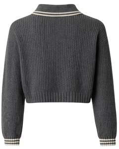 Suéter Polo Corto Gris Oscuro Personalizado para Mujer, Top de Punto Acanalado de Manga Larga con Cierre de Botones, Suéter Informal de Moda para Invierno - Product Image 2