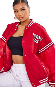Wholesale Red Varsity <b>Jacket</b> Women PU Leather Sleeves Embroidered Logo Front Turn-Down Collar Full Sleeve Autumn Style - Product Image 3