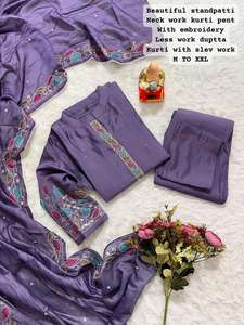 Top Qualité Meilleur Tissu Vêtements Occasionnels Premium Vente Chaude Pure Soie De Mousseline Lourde Avec Broderie Kurti Pantalon Et Dupatta - Product Image 6