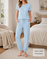 Vrouwen Blauwe Ster Print Pyjama Set Korte Mouw T-Shirt Koord Jogger Broek Zachte Lounge Sleepwear Tweedelige Outfit Oem Leverancier