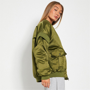 Blouson bomber en satin vert olive pour femme, col montant, fermeture éclair, manches longues, coupe-vent d'automne avec patch New York - Product Image 3