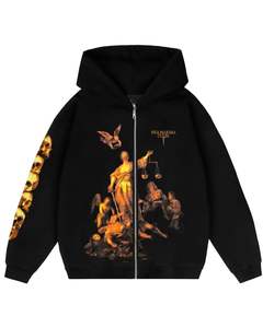 Sweat à capuche noir à fermeture éclair avec imprimé d'art de crâne d'ange gothique, streetwear vintage, surdimensionné, veste personnalisée OEM lavée pour femmes - Product Image 1