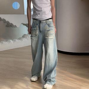 Pantalon en jean baggy pour homme personnalisé, pantalon droit délavé, taille basse, lavage clair, motif uni, respirant pour le printemps - Product Image 2