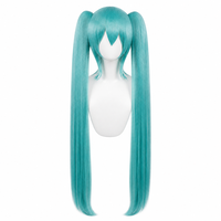 Perruque de cosplay Miku longue, bleue, soyeuse et droite, en fibre haute température, avec filet rose, pour femmes, pour fête d'anime, costume et jeu de rôle