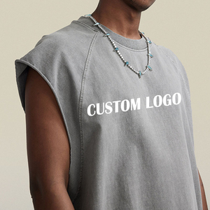 OEM Custom Logo High Quality C Oversized Cotton Washed Distressed Cut Edge Sleeveless <b>Tshirt</b> - Product Image 2