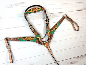 Yellow Sunflower Green Cactus Tooled Leather Tack Set Western Horse Headstall Breast Collar <b>Bridle</b> Set Full/Cob/ - Product Image 6