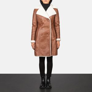 High Quality Brown <b>Leather</b> Ladies <b>Trench</b> <b>Coat</b> Double-Breasted with Fur Collar Lining and Casual Outdoor Belt Women's Long <b>Coat</b> - Product Image 3
