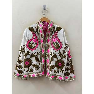 Veste en coton Suzani ivoire brodée à la main Zafira, style universitaire, logo personnalisé, couleur olive fuchsia, taille XL, pour les manteaux printemps-hiver - Product Image 2