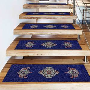 Alfombra Azul Estampada, Diseño Oushak Moderno, Decoración de Escaleras de Lujo Discreto, Goblen - Product Image 1
