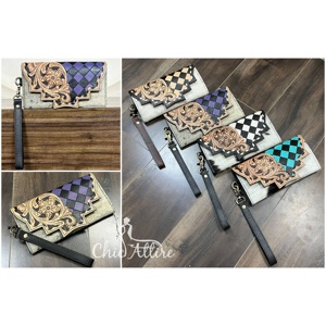 New Style Large-Capacity Hand Tooled Checkered Leather Wristlet <b>Clutch</b> Simple Elegant Genuine Cowhide Leather Wallet for Women's - Product Image 1