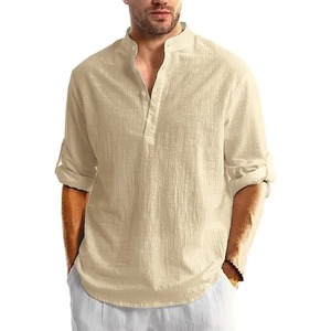 Nuevas Camisetas de Lino y Algodón para Hombre, Camisas de Manga Larga con Botones, Camisas Henley, Camisas Hawaianas para Hombre, Camisa Transpirable - Product Image 3