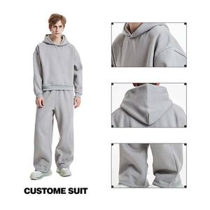 Ensemble survêtement pour homme en molleton 100% coton, design personnalisé, sweat-shirt ample et pantalon de survêtement avec capuche brodée, vêtements décontractés d'hiver - Product Image 1