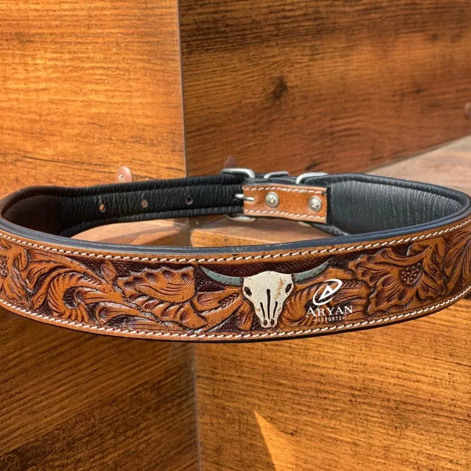 New Handcrafted Tooled Leather Western Dog Collar Personalized Padded Genuine Leather Floral Durable Adjustable Pet Safe Collars