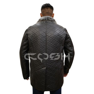 Chaqueta de Cuero Negra Premium Hecha a Mano para Invierno con Cuello y Solapa de Piel Gris Larga - Product Image 4