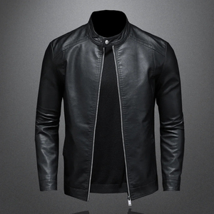 Men's Spring Autumn Leather Zipper <b>Jacket</b> Fashion Stand Collar Slim Casual Tops with <b>Canvas</b> Fabric - Product Image 2