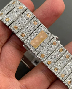 Unisex Dual Tone Iced Out Moissanite Diamond <b>Watch</b> Rectangle Stainless Steel Case with ETA Movement and Crystal Dial Window - Product Image 3