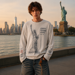 Custom Design Fan Souvenirs New York Vintage Graphic Oversized Drop Shoulder T <b>Shirt</b> <b>Waffle</b> Long Sleeve <b>Shirt</b> - Product Image 1