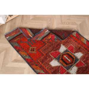 Vintage Turkish <b>Rug</b>, 2.8x10 ft <b>Runner</b> <b>Rug</b>, Orange Brown Check Wool <b>Rug</b> - Product Image 5
