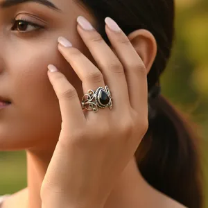 925 Silver <b>Black</b> Onyx Teardrop <b>Ring</b> Vintage Gemstone Jewelry Unisex Everyday Wear Brand a Rajasthan - Product Image 2