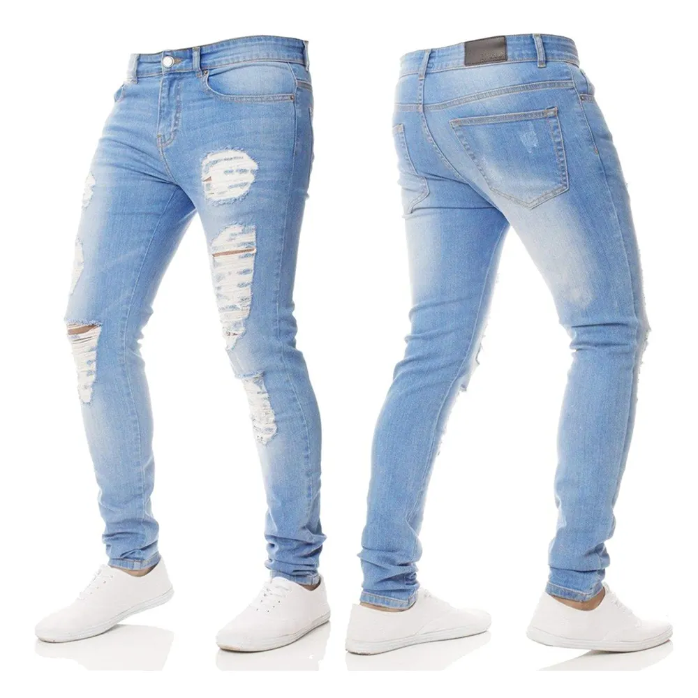 新しいデザインのジーンズパンツ2023ファッションカスタムスタイリッシュな膝破れたスリムフィットルーズストックジーンズプラスサイズデニム男性服ジーンズ男性