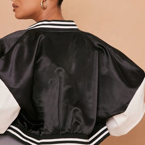 Women's XL Size Cropped Varsity Jacket Custom Quilted Cow Skin Printed Embroidery Letter Cotton Filled Nylon Stripe Winter - Product Image 4