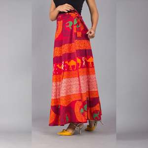 Ethnic Print Red Orange Maxi Skirt Comfortable Breathable Chiffon Wrap Straight for Spring Summer Fall New Arrival - Product Image 2