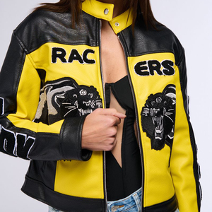 Veste de course moto pour femme en cuir rétro classique personnalisée, broderie logo OEM, col montant, boutons, tricot sportswear - Product Image 4