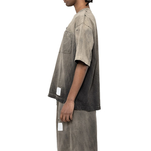 T-shirt personnalisé poids lourd Boxy 100% coton pour hommes lavage à l'acide Vintage coupe ample en détresse lavé t-shirts unisexe vêtements décontractés - Product Image 4