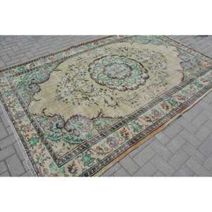 <b>Vintage</b> Turkish <b>Rug</b> Classic Beige Green 6.1 X 9.2ft Patchwork Design Wool Seagrass Material for Teen Home Living Room Latex - Product Image 2