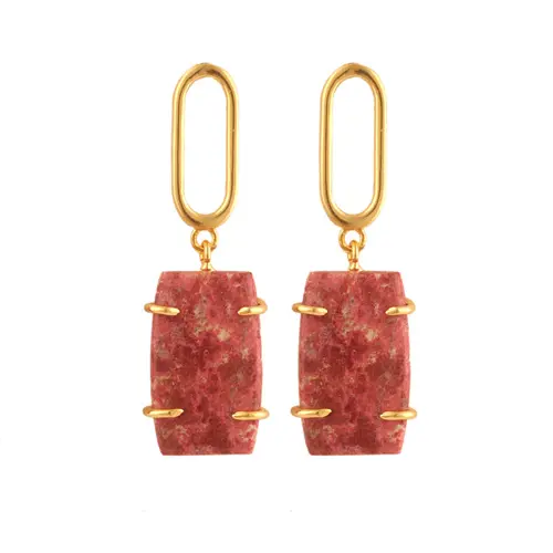 Wholesalers fashion jewelry rectangle shape pink jasper oval link prong setting stud dangle earrings weeding earrings jewelry