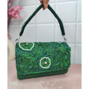 Elegant <b>Green</b> Beaded Eco-Friendly 100% Eco-Friendly Clutch Handmade <b>Evening</b> Party <b>Bag</b> with Pearl Detailing - Product Image 1