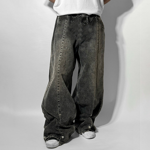 Los últimos fabricantes de ropa de alta calidad personalizada con diamantes de imitación de pierna ancha de gran tamaño acampanados Denim Wash Jean Man Baggy - Product Image 2