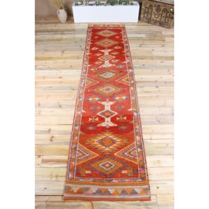 2.9x12.6 ft Turkish Rug, Vintage <b>Runner</b> Rug, <b>Red</b> Orange Geometric Wool Rug - Product Image 1