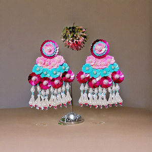 Floral Green & Blue Beaded Earrings <b>Sequins</b> Fashion Statement Dangle Earrings for Adult Women Handmade Customizable Colors Sizes - Product Image 5