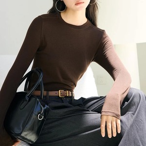 T-shirt en acétate de lyocell et laine pour femme, couleur unie, haut de base, manches longues pour le printemps, l'automne et l'hiver, col rond, coupe ajustée et chaude - Product Image 5