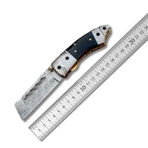 Cuchillo de bolsillo plegable de acero de Damasco personalizado más vendido, cuchillo de caza OEM hecho a mano con mango de cuerno - Product Image 2