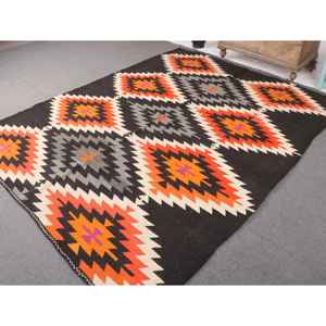 Alfombra de 7.1x9 pies, Alfombra Turca Vintage, Alfombra de Lana Kilim Negra - Product Image 2
