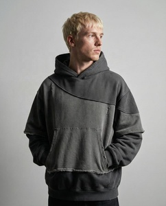 Sweat à capuche streetwear personnalisé 100 % coton, délavé et vieilli, avec fermeture éclair et design à patchs bruts - Product Image 2