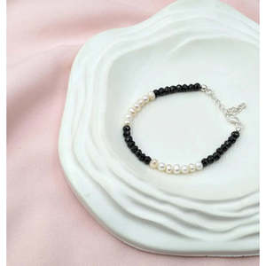 Vintage Black Spinel & Pearl Bracelet with Diamond Rhodium Plated for Gift <b>Charm</b> <b>Bangles</b> Beaded Style - Product Image 4