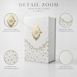 Caja de Regalo Personalizada Estilo <span class=keywords><strong>Libro</strong></span> en Blanco Perla con Emblema de Corona de Copos de Nieve en Lámina Dorada, Acabado Mate, para Perfumes y Cosméticos, OEM, MOQ 100 Piezas - Product Image 3
