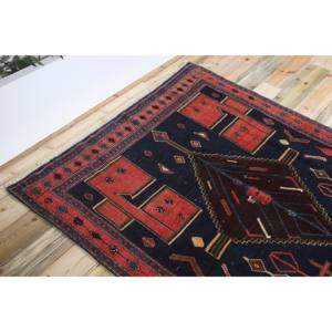 Tapis turc vintage 4,8x11,7 pieds, tapis bleu géométrique en laine - Product Image 5