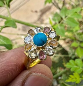 Trendy 925 Sterling Silver Gold Plated Fine <b>Ring</b> Natural <b>Turquoise</b> Rhodolite Rose Cut Diamond for Wedding Engagement Party Gift - Product Image 1