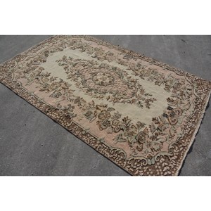 พรมตุรกีโบราณสีเบจสีน้ำตาล5.5x8.6ฟุตห้องโถงสี่เหลี่ยมผืนผ้าขนสัตว์เทียมขนกระต่ายสำหรับข้างเตียง - Product Image 2