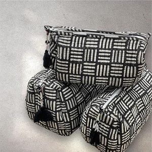 Handblock Cotton Vintage Eco-Friendly Travel Case 3 <b>Bags</b> Makeup Jewellery Stationery <b>Storage</b> Waterproof Machine Washable Black - Product Image 3